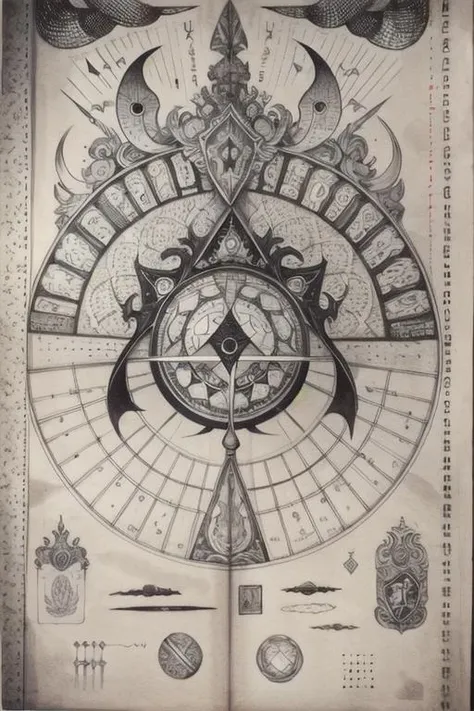 <lora:Alchemy:0.9>
drawing of a demon,
monochrome, traditional media, manuscript, text, diagrams