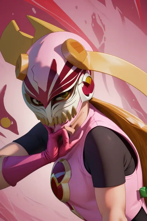 (((best quality,masterpiece):1.2)),highres,absurdres,incredibly absurdres,edgQuality,kkw-skin-det,OverallDetail,high detail face,high quality face,<lora:GoodHands-beta2:1>,anime,2d,cartoon,(((upper body, bust, face focus))),
<lora:hollowfication-08:1>,hollowfication,monstergirl,(mask with pink highlights),<lora:Roll_Exe_MegaMan_BN_V-06:1>,roll_exe_megamanbn,helmet,bodysuit,pink bodysuit,blonde hair,pink leotard,gloves,long hair,leotard,boots,thighhighs,pink gloves,heart,