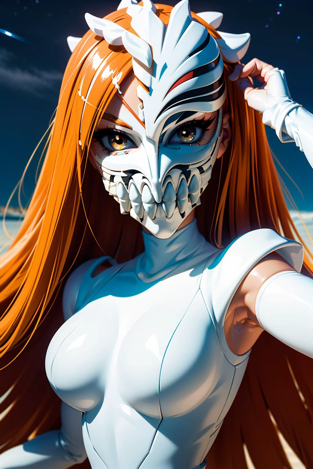 solo, masterpiece, hires,high resolution, best quality, (action shot) of bratz, <lora:bratz3-01:0.5>, large breasts, beautiful, white battle dress, long orange hair, (hollowfication, white liquid mask:1.3), glowing eyes, <lora:hollowfication:0.8> , looking at viewer, photoshoot, on top of a large colomn, nighttime, white desert background