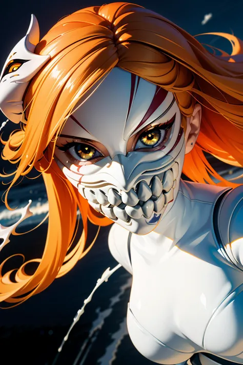 solo, masterpiece, hires,high resolution, best quality, (action shot) of bratz, <lora:bratz3-01:0.5>, large breasts, beautiful, white battle dress, long orange hair, (hollowfication, white liquid mask:1.3), glowing eyes, <lora:hollowfication:0.8> , looking at viewer, photoshoot, on top of a large colomn, nighttime, white desert background