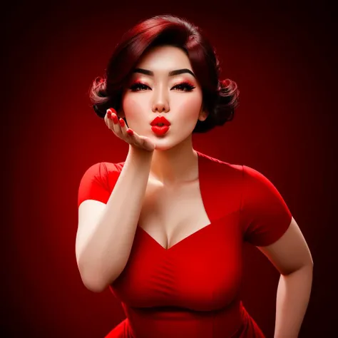A woman blowing a kiss with her hand, asian, red dress, volumetric lighting, great quality, high res, high quality, beautiful, masterpiece <lora:Blowing A Kiss:1>