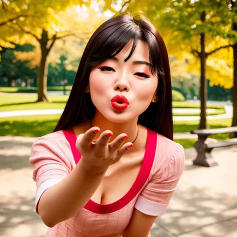 a woman blowing a kiss with her hand, asian, at the park, 8k, UHD, high quality, high-res, masterpiece, RAW photo<lora:Blowing A Kiss:0.93>