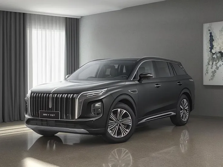 ((best quality)),((masterpiece)),((realistic)),((photorealistic )),one autohome_car(hqhs7) black car <lora:autohomeHQHS7_1.0:0.8>,indoors ,modern art on the wall,luxury decoration,Studio level lighting,gray floor,3d render,a computer rendering,photorealism,
