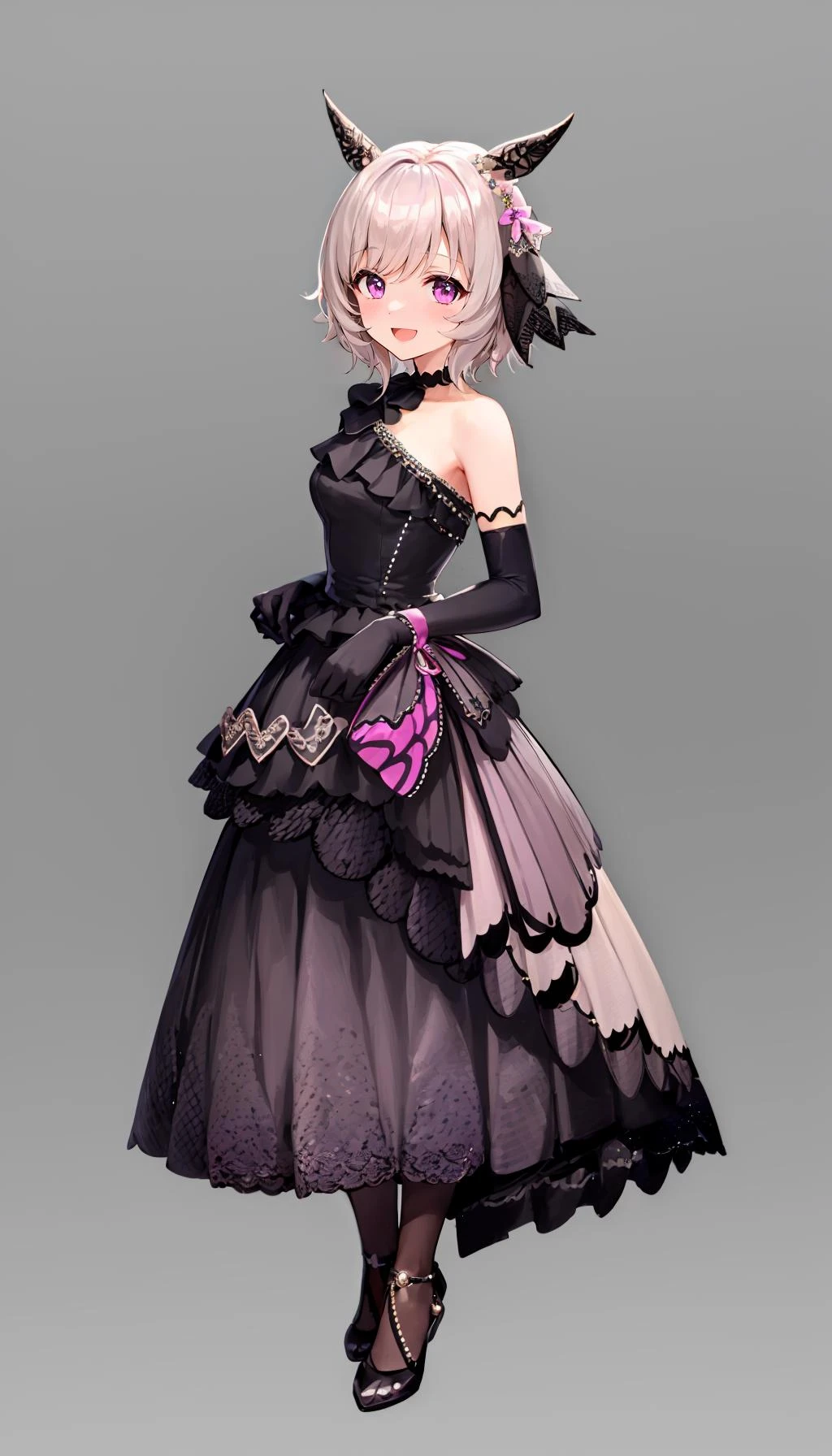1girl,solo,curren chan,(black wedding dress:1.4),full body,tachi-e,standing,smile,:D, ,pink background, simple background, <lora:curren_chan:1>