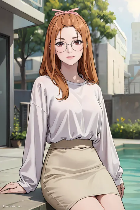 8k high quality detailed,highres,anime,comic,detailed image,
(an illustration of a teenage girl posing,(an illustration of girl,teenage girl)),(magazine_illustration),
(,irachoi,1girl,orange hair,parted bangs,forehead,long hair,makeup,pink eyes,ear piercing,ATL: hair ribbon,pink ribbon,bangs pinned back,round eyewear,glasses,medium breasts),(Dazzling Smile),detailed_face,
((playing in the water park):0.8),
((,off shoulder,bare shoulders,covered nipples,no bra,white shirt,long sleeves,brown skirt,miniskirt,pencil skirt,sleeves past wrists,see-through):0.85),(,realistic clothing texture,realistic_skin_texture),<lora:Ira-Choi:0.65>,<lora:ä¸ä»¶éæè¡£æ.no.04:0.45>,<lora:more_details:0.2>