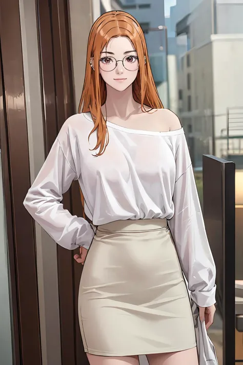 8k high quality detailed,highres,anime,comic,detailed image,
(an illustration of a teenage girl posing,(an illustration of girl,teenage girl)),(magazine_illustration),
(,irachoi,1girl,orange hair,parted bangs,forehead,long hair,makeup,pink eyes,ear piercing,ATL: hair ribbon,pink ribbon,bangs pinned back,round eyewear,glasses,medium breasts),(Enigmatic Smile),detailed_face,
((pointing):0.8),
((,off shoulder,bare shoulders,covered nipples,no bra,white shirt,long sleeves,brown skirt,miniskirt,pencil skirt,sleeves past wrists,see-through):0.85),(,realistic clothing texture,realistic_skin_texture),<lora:Ira-Choi:0.65>,<lora:ä¸ä»¶éæè¡£æ.no.04:0.45>,<lora:more_details:0.2>
