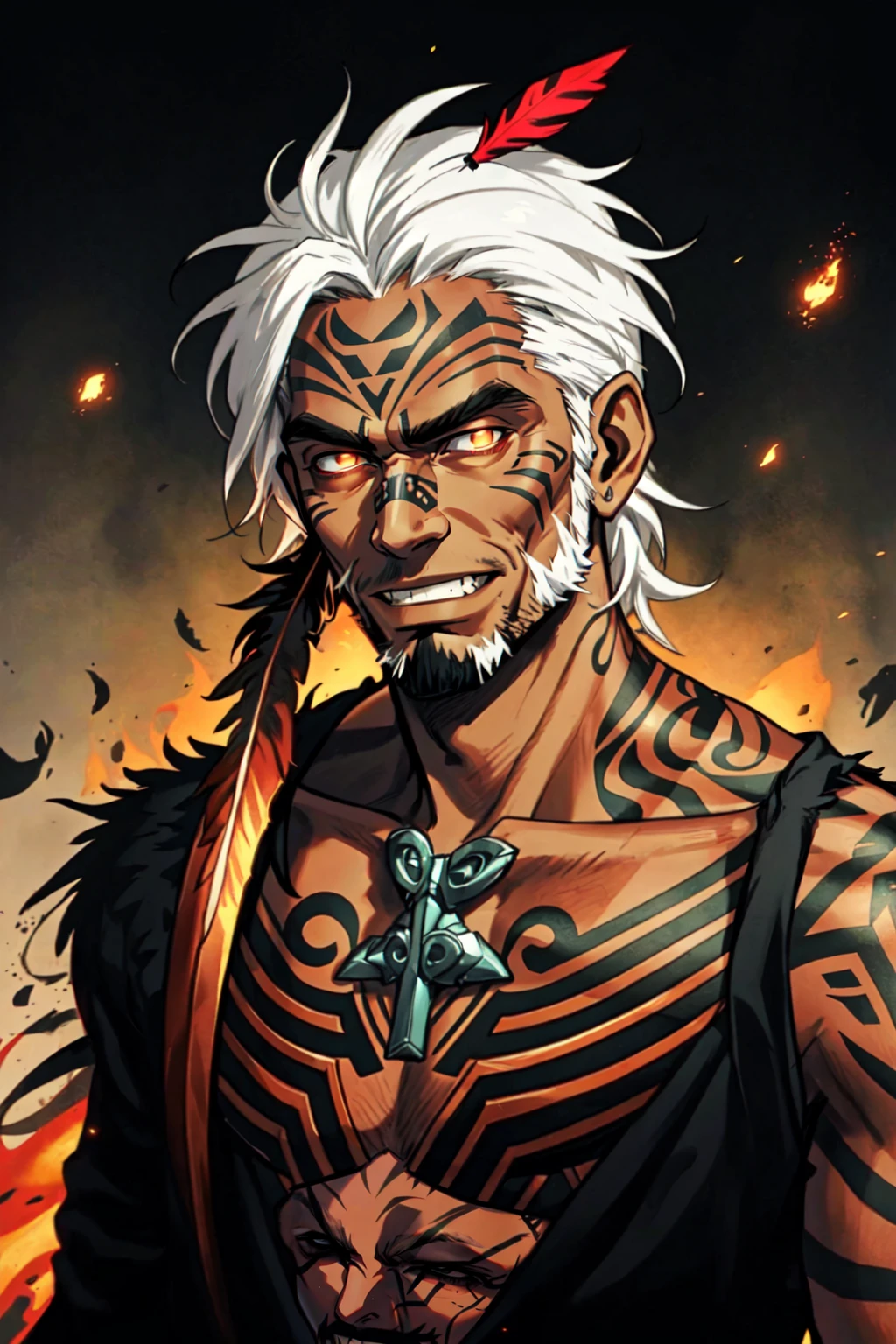 AotearoaMatariki, solo, maori, pasifika, 1boy, white hair, male focus, tan skin, dark skinned male, facial hair, beard, facial tattoo, hair feather, moko, tatoo, holding, upper body, weapon, realistic, old, old man, demon wings, glowing, magic, evil grin, 4 point perspective, vantage point, embers, <lora:MatarikiAotearoa:0.6>