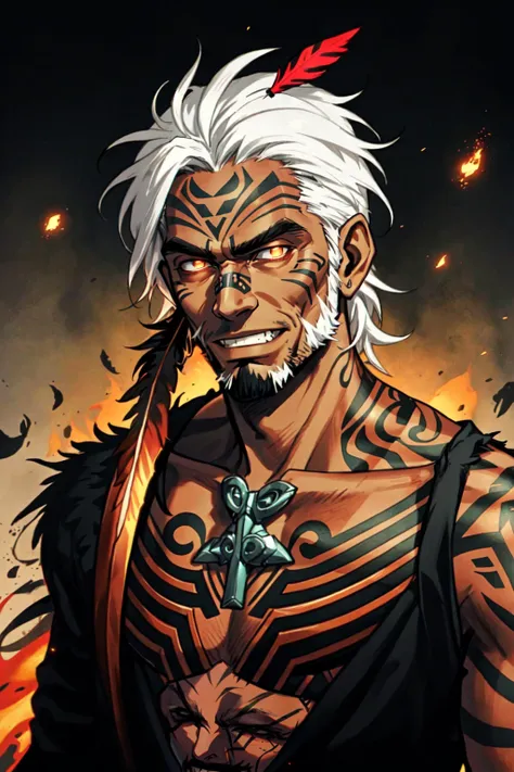 AotearoaMatariki, solo, maori, pasifika, 1boy, white hair, male focus, tan skin, dark skinned male, facial hair, beard, facial tattoo, hair feather, moko, tatoo, holding, upper body, weapon, realistic, old, old man, demon wings, glowing, magic, evil grin, 4 point perspective, vantage point, embers,  <lora:MatarikiAotearoa:0.6>