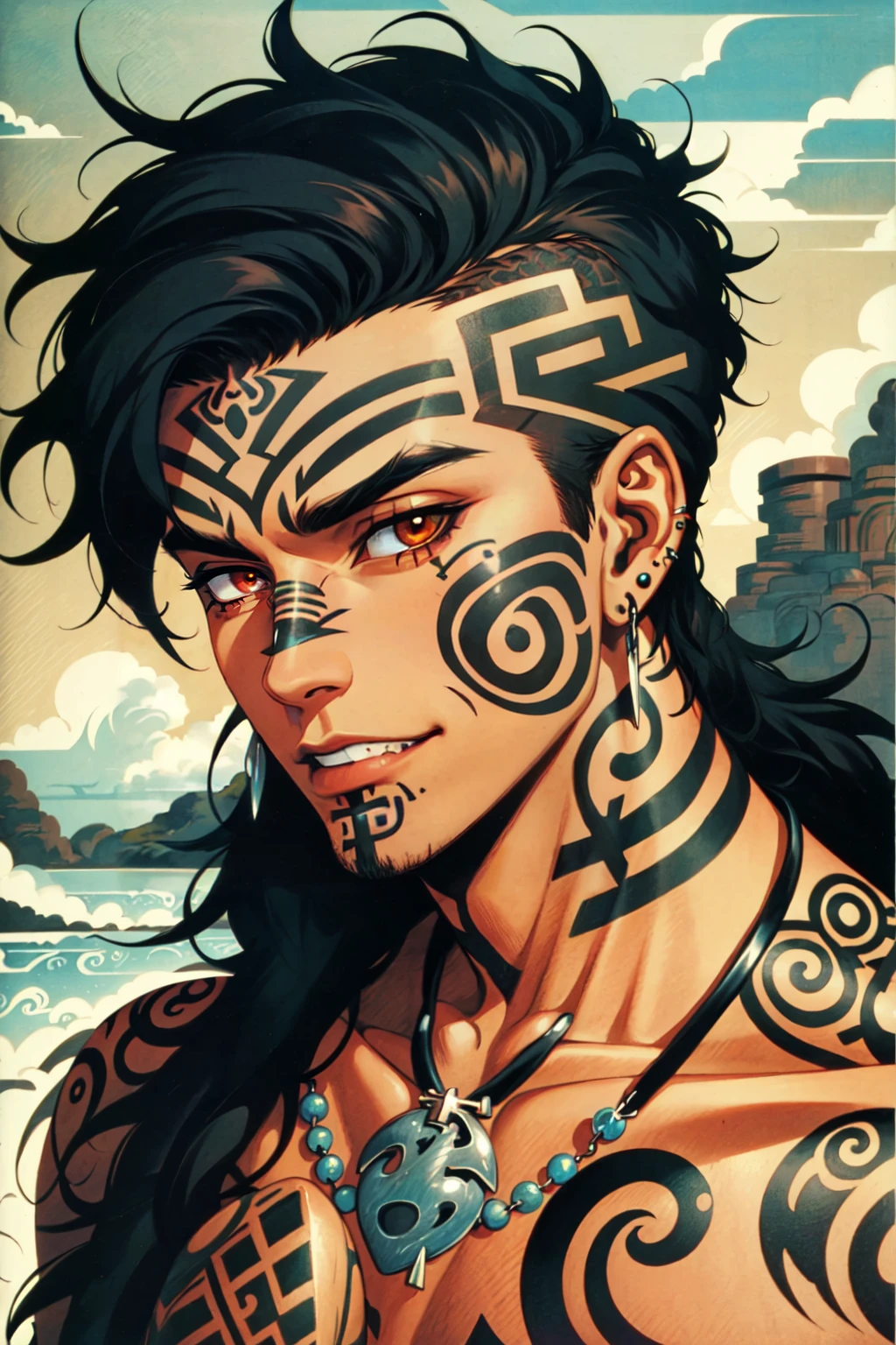 AotearoaMatariki, solo, 1boy, brown eyes, jewelry, male focus, earrings, teeth, necklace, facial tattoo, tattoo, moko, chin tattoo, maori, polynesian, <lora:MatarikiAotearoa:0.6>
