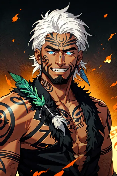 AotearoaMatariki, solo, maori, pasifika, 1boy, white hair, male focus, tan skin, dark skinned male, facial hair, beard, facial tattoo, hair feather, moko, tatoo, holding, upper body, weapon, old, old man, demon wings, glowing, magic, evil grin, 4 point perspective, vantage point, embers, <lora:MatarikiAotearoa:0.6>