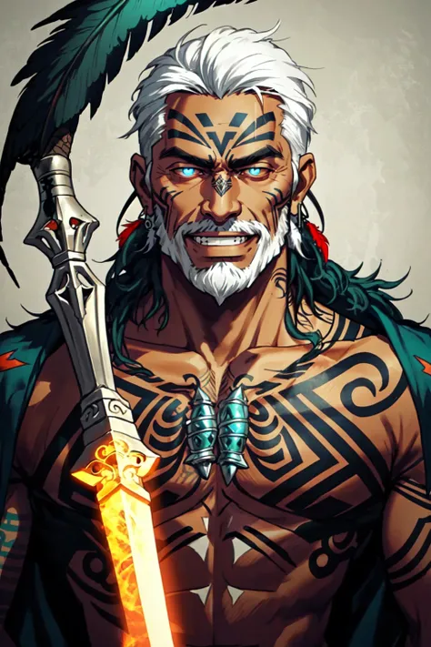 AotearoaMatariki, solo, 1boy, holding, upper body, weapon, white hair, male focus, tan skin, dark skinned male, facial hair, beard, facial tattoo, hair feather, moko, maori, pasifika, tatoo, realistic, old, old man, demon wings, glowing, magic, evil grin, <lora:MatarikiAotearoa:0.6>