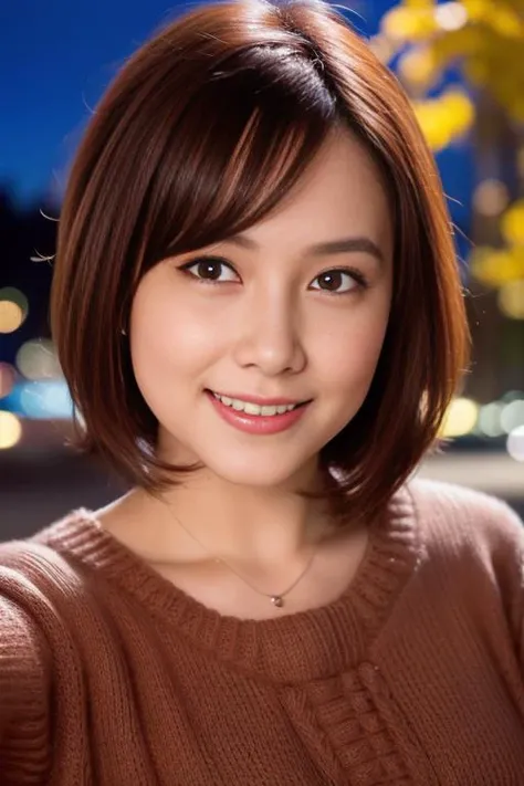 1girl,(wearing a sweater:1.2),(RAW photo, best quality), (realistic, photo-realistic:1.4), masterpiece, an extremely delicate and beautiful, extremely detailed, 2k wallpaper, Amazing, finely detail, extremely detailed CG unity 8k wallpaper, ultra-detailed, highres, soft light, beautiful detailed girl, extremely detailed eyes and face, beautiful detailed nose, beautiful detailed eyes,cinematic lighting,city lights at night,autumn scenery,maple leaves,in a park,perfect anatomy,slender body,smiling <lora:tsudaminami_lora:0.76>