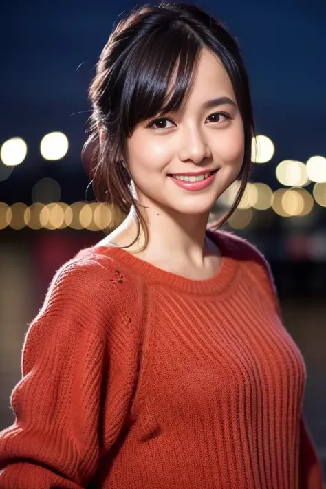 1girl,(wearing a sweater:1.2),(RAW photo, best quality), (realistic, photo-realistic:1.4), masterpiece, an extremely delicate and beautiful, extremely detailed, 2k wallpaper, Amazing, finely detail, extremely detailed CG unity 8k wallpaper, ultra-detailed, highres, soft light, beautiful detailed girl, extremely detailed eyes and face, beautiful detailed nose, beautiful detailed eyes,cinematic lighting,city lights at night,autumn scenery,maple leaves,in a park,perfect anatomy,slender body,smiling <lora:tsudaminami_lora:0.76>