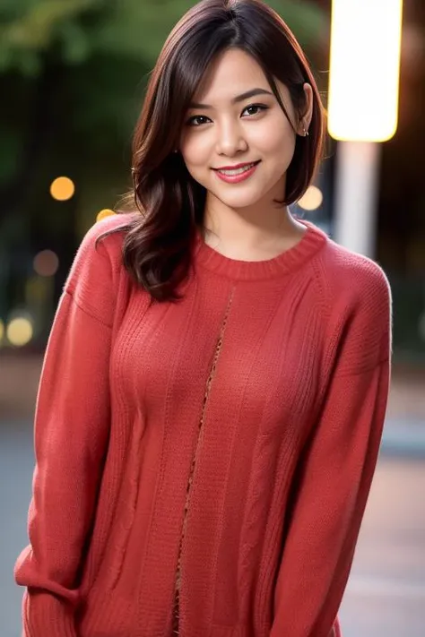 1girl,(wearing a sweater:1.2),(RAW photo, best quality), (realistic, photo-realistic:1.4), masterpiece, an extremely delicate and beautiful, extremely detailed, 2k wallpaper, Amazing, finely detail, extremely detailed CG unity 8k wallpaper, ultra-detailed, highres, soft light, beautiful detailed girl, extremely detailed eyes and face, beautiful detailed nose, beautiful detailed eyes,cinematic lighting,city lights at night,autumn scenery,maple leaves,in a park,perfect anatomy,slender body,smiling <lora:tsudaminami_lora:0.76>