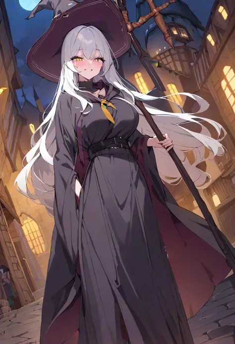 ((masterpiece, best quality)), 1girl, standing, white hair, long hair, disheveled hair, black witch robe, long skirt, witch hat, looking at viewer, (large breasts:0.7), shiny skin, yellow eyes, vivid color, fearless smile, medieval city background, night, moon, wooden staff, long staff, hold staff,