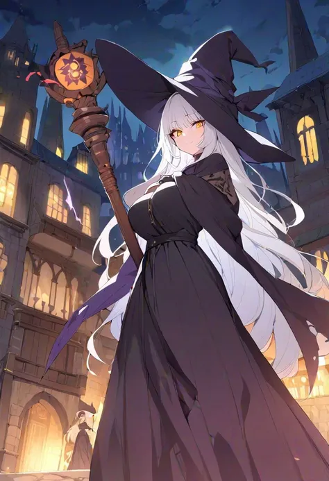 ((masterpiece, best quality)), 1girl, standing, white hair, long hair, disheveled hair, black witch robe, long skirt, witch hat, looking at viewer, (large breasts:0.7), shiny skin, yellow eyes, vivid color, fearless smile, medieval city background, night, use magic, wooden staff, long staff, thrust staff, blowing clothes, thunder magic,