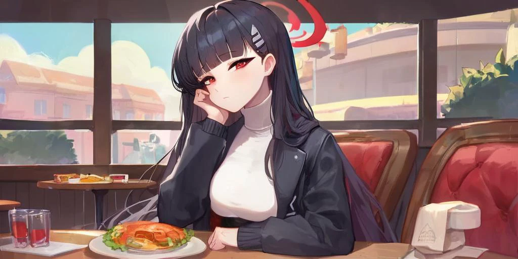 anime, score_9, score_8_up, score_7_up, score_6_up, score_5_up, 1girl, looking at viewer, rio_(blue_archive) , 1girl,halo,black_hair,solo,red_eyes,long_hair,breasts,hair_ornament,bangs,very_long_hair,hairclip,blunt_bangs,standing, mature, black jacket, white shirt, black skirt, open jacket, open clothes, turtleneck, turtleneck sweater, white sweater, black pantyhose, sitting, pleated skirt, hand_on_own_face, caffee, table, restaurant,
zPDXL, <lora:ag31_style_ba_v1:1>, <lora:rio_(blue_archive)_image2123_2023-12-03:1>