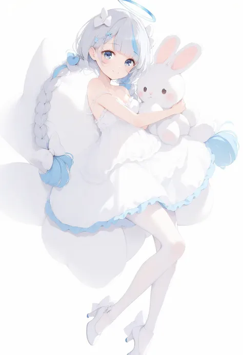 1girl,blue eyes,halo,braid,solo,dress,long hair,stuffed toy,bow,white background,hair ornament,blush,stuffed animal,blue hair,looking at viewer,full body,bangs,rabbit,frills,hair bow,twintails,ribbon,white footwear,simple background,high heels,white bow,twin braids,very long hair,, strap slip,camisole,white camisole, score_9,score_8_up,score_7_up,score_6_up,<lora:caoXLP6lokrV2233:1:lbw=BODYH>,white pantyhose,, mole under eye,see-through,smile,mole,multicolored hair,blunt bangs,bare shoulders,closed mouth,collarbone,white ribbon,off shoulder,medium breasts,, <lora:anmiXLANI31lokrV2233:1:lbw=FACES>,<lora:ag31_style_ba_v1:0.6>, 1girl,solo,bow,hair ornament,blush,looking at viewer,frills,hair bow,ribbon,white footwear,high heels,white bow,silver hair,petite,blue eyes,medium breasts,low twintails, braided bangs,streaked hair,bob cut,