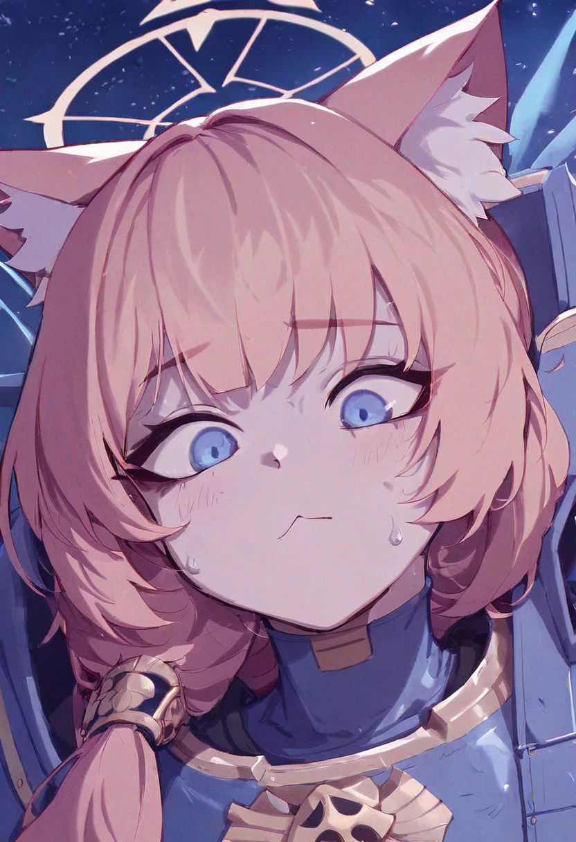 score_9, score_8_up, score_7_up, Iochi Mari blue archive, (wearing blue space marine armor from warhammer), bloodsplats on armor, in a warzone, cute, cat ears, sweating face,