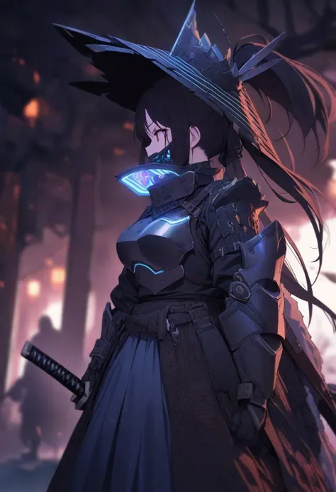 ((masterpiece, best quality, high budget, many details, extreme detailed, full of details)), standing, Orange and Black color graded, 1girl, samurai, ponytail, black hair, medium breasts, detailed mechanical, wearing mechanical armor, breast armor, mask, light emitting armor, vibrant dark neon, oversized sedge hat, ethereal, blurry background, dark ruin background, weapon, one katana, holding katana,