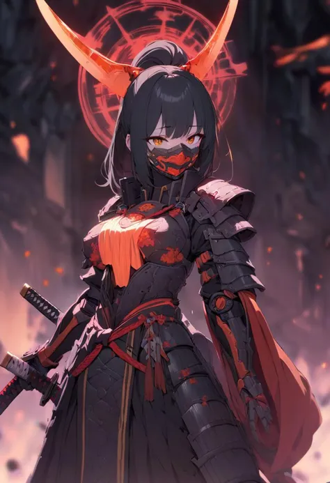 nsfw, ((masterpiece, best quality, high budget, many details, extreme detailed, full of details)), standing, Orange and Black color graded, 1girl, samurai, ponytail, black hair, medium breasts, detailed mechanical, wearing mechanical armor, breast armor, face mask, light emitting armor, vibrant dark neon, oversized sedge hat, ethereal, blurry background, dark ruin background, weapon, one katana, holding katana,