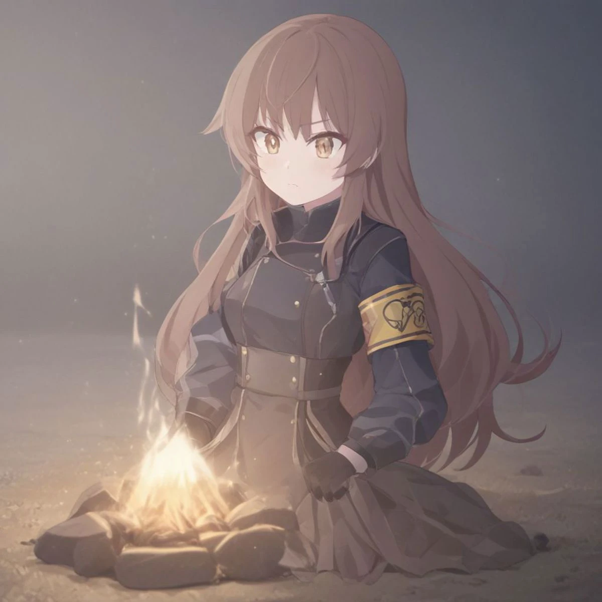 beautiful, cute, young, small, 2 people, masterpiece, best quality, extremely detailed face, cute face, perfect lighting, A cute German girl shoulder-length brown hair. She wears a black tactical outfit with a blue armband, breasts, 1girl, brown eyes, long_hair, solo, determined, blush, bangs, long_sleeves, original, black open jacket, gloves, beautiful background landscape, thick bare tights, thin waist, very_long_hair, depth_of_field, best quality, best lighting, dynamic angle, silhouette lighting, contour lighting, two-tone lighting, low lighting, negative_hand, campfire, skirt, winter clothes