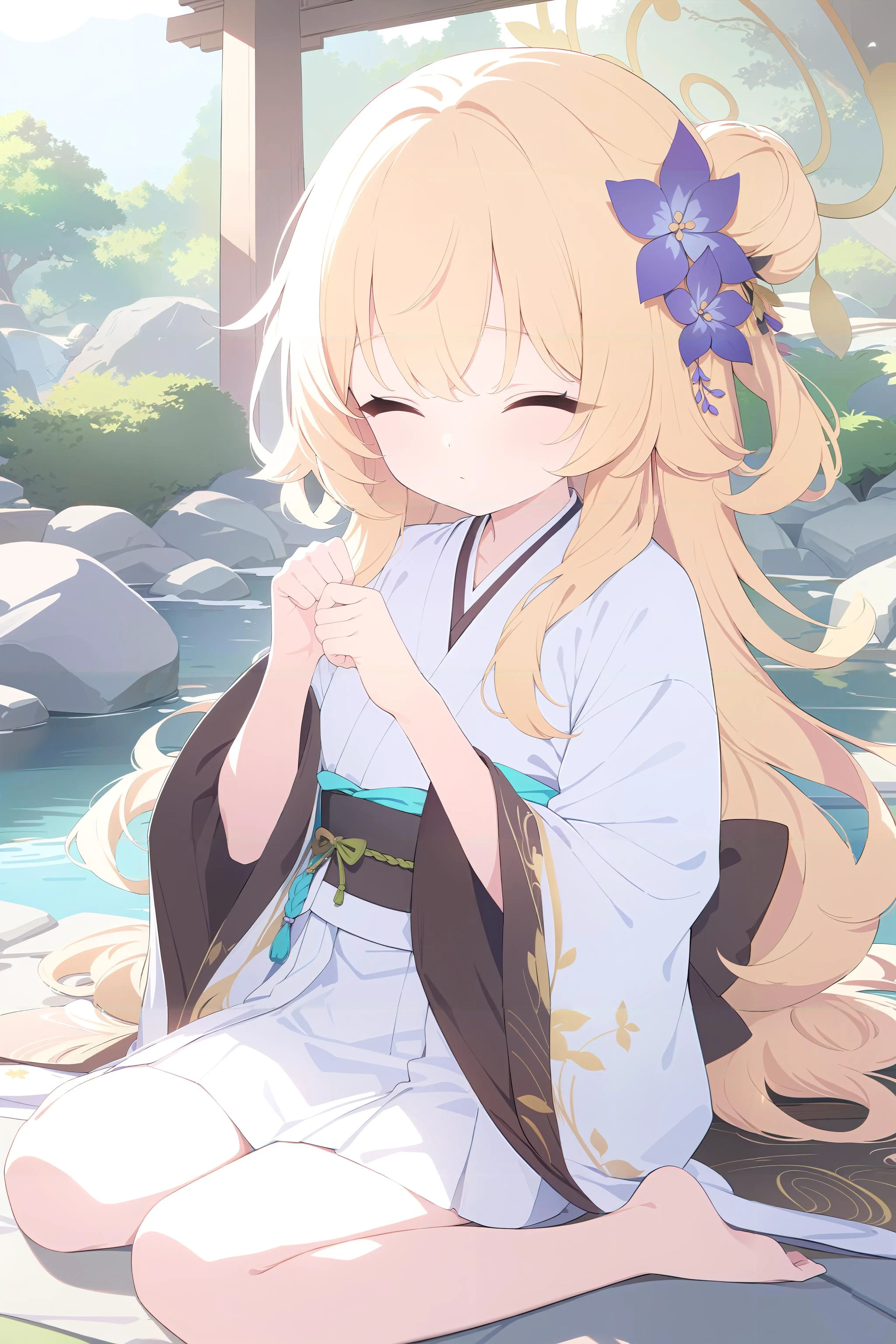 Highly detailed,Professional,(Vivid Colors:1.5),high quality,masterpiece,best quality,ultra highres,1girl,solo,best quality,serene Japanese temple garden,kneeling in meditation,peaceful expression,hands in lap,long dark wavy hair,five finger,fist bump,gold hair accessories,flowing white robes,tranquil,contemplative,adorable_girl,<lora:ag31_style_ba_v1:1>,<lora:add-detail-xl>,<lora:ç¾å¦å¨æ¼«lora>,((masterpiece, high quality, highres, 8k, 4k)),<lora:EnvyKawaiiXL01_base_prodigy:1>,