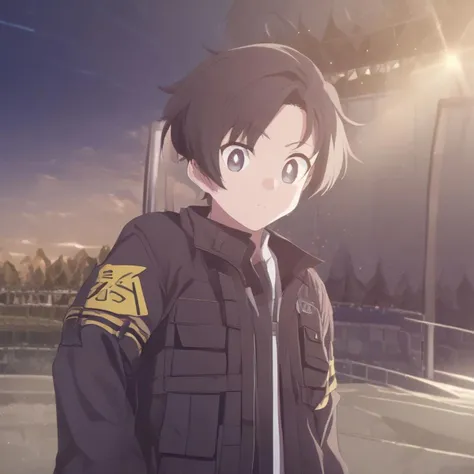 1boy, teenage boy, cool, cold, badass, male focus, boy, cute, short undercut hair, Black hair, cute face, round eyes, black eyes, very short hair, black jacket, tactical vest, clad black armoured pants, solo, original, jacket, gloves, building, sky, night, open_coat, depth_of_field, tree, city, lake, (very cute), HD, 8K, ultra-detailed, mountain, glimmer, best quality, yellow armband with number "91", holding a glock, masterpiece, best quality, extremely detailed face, perfect lighting, original, open jacket, white inner shirt, gloves, depth_of_field, best quality, god rays, volumetric lighting, best lighting, dynamic angle, silhouette lighting, contour lighting, two-tone lighting, low lighting)