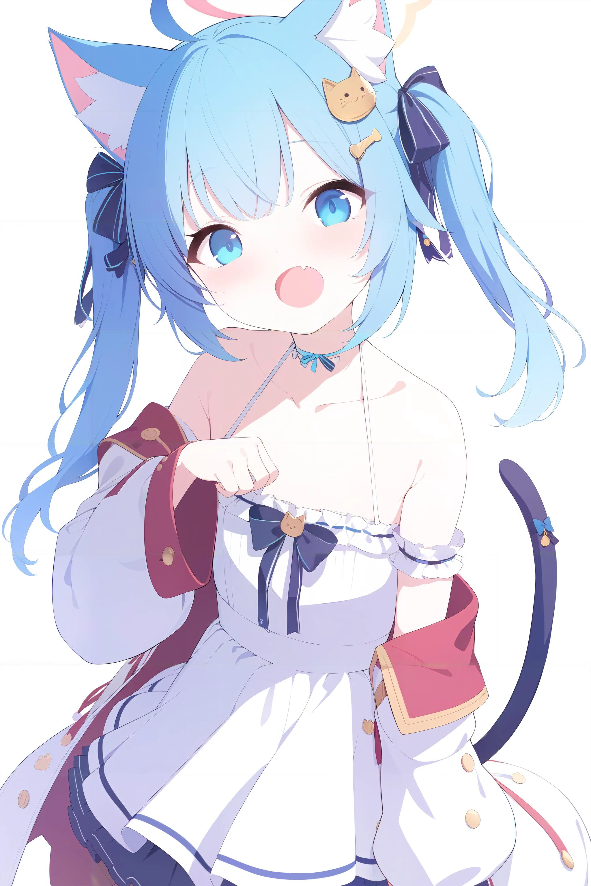 1girl,virtual_youtuber,paw_pose,tail,solo,dress,ahoge,cat_ears,animal_ears,hair_ornament,blue_eyes,cat_tail,hairclip,white_dress,open_mouth,looking_at_viewer,off-shoulder_dress,long_hair,halter_dress,bare_shoulders,blue_hair,blush,bangs,simple_background,white_background,detached_sleeves,halterneck,ribbon,cat_girl,bow,off_shoulder,fang,two_side_up,layered_dress,animal_ear_fluff,((masterpiece, high quality, highres, 8k, 4k)),Highly detailed,Professional,Vivid Colors,high quality,masterpiece,best quality,ultra highres,<lora:ag31_style_ba_v1:1>,(<lora:add-detail-xl:0.7>),(<lora:ç¾å¦å¨æ¼«lora:0.7>),(<lora:è²å½©å¢å¼ºVAE:0.8>),<lora:å¯ç±ç³»:1>,