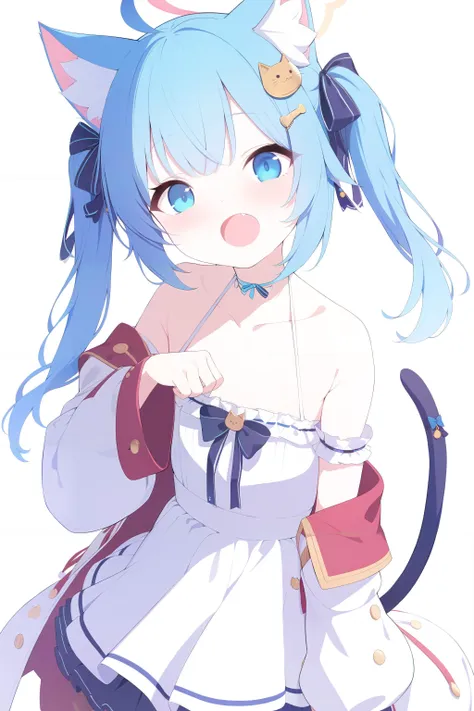 1girl,virtual_youtuber,paw_pose,tail,solo,dress,ahoge,cat_ears,animal_ears,hair_ornament,blue_eyes,cat_tail,hairclip,white_dress,open_mouth,looking_at_viewer,off-shoulder_dress,long_hair,halter_dress,bare_shoulders,blue_hair,blush,bangs,simple_background,white_background,detached_sleeves,halterneck,ribbon,cat_girl,bow,off_shoulder,fang,two_side_up,layered_dress,animal_ear_fluff,((masterpiece, high quality, highres, 8k, 4k)),Highly detailed,Professional,Vivid Colors,high quality,masterpiece,best quality,ultra highres,<lora:ag31_style_ba_v1:1>,(<lora:add-detail-xl:0.7>),(<lora:ç¾å­¦å¨æ¼«lora:0.7>),(<lora:è²å½©å¢å¼ºVAE:0.8>),<lora:å¯ç±ç³»:1>,