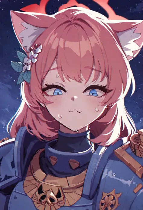 score_9, score_8_up, score_7_up, Iochi Mari blue archive, (wearing blue space marine armor from warhammer), bloodsplats on armor, in a warzone, cute, cat ears, sweating face,
