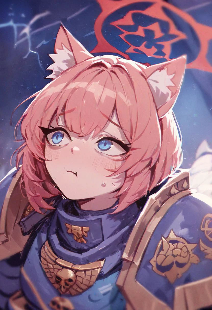 score_9, score_8_up, score_7_up, Iochi Mari blue archive, (wearing blue space marine armor from warhammer), bloodsplats on armor, in a warzone, cute, cat ears, sweating face,