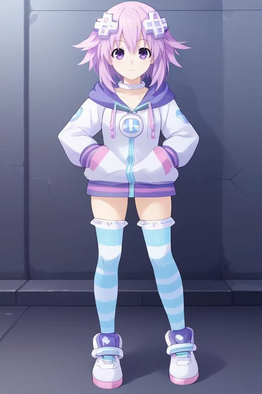 1girl, solo, purple eyes, purple hair, short hair, sidelocks, d-pad hair ornament, choker, shoes, white choker, hoodie, jacket, striped, striped legwear, thigh highs, curvy, soft curves, <lora:Neptune_Neptunia_PonyXL:0.8>, Neptune \(neptunia)\, <lora:kohaku_delta_style_ba_forpony:1>