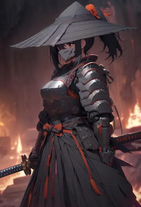 ((masterpiece, best quality, high budget, many details, extreme detailed, full of details)), standing, Orange and Black color graded, 1girl, samurai, ponytail, black hair, medium breasts, detailed mechanical, wearing mechanical armor, breast armor, mask, light emitting armor, vibrant dark neon, oversized sedge hat, ethereal, blurry background, dark ruin background, weapon, one katana, holding katana,