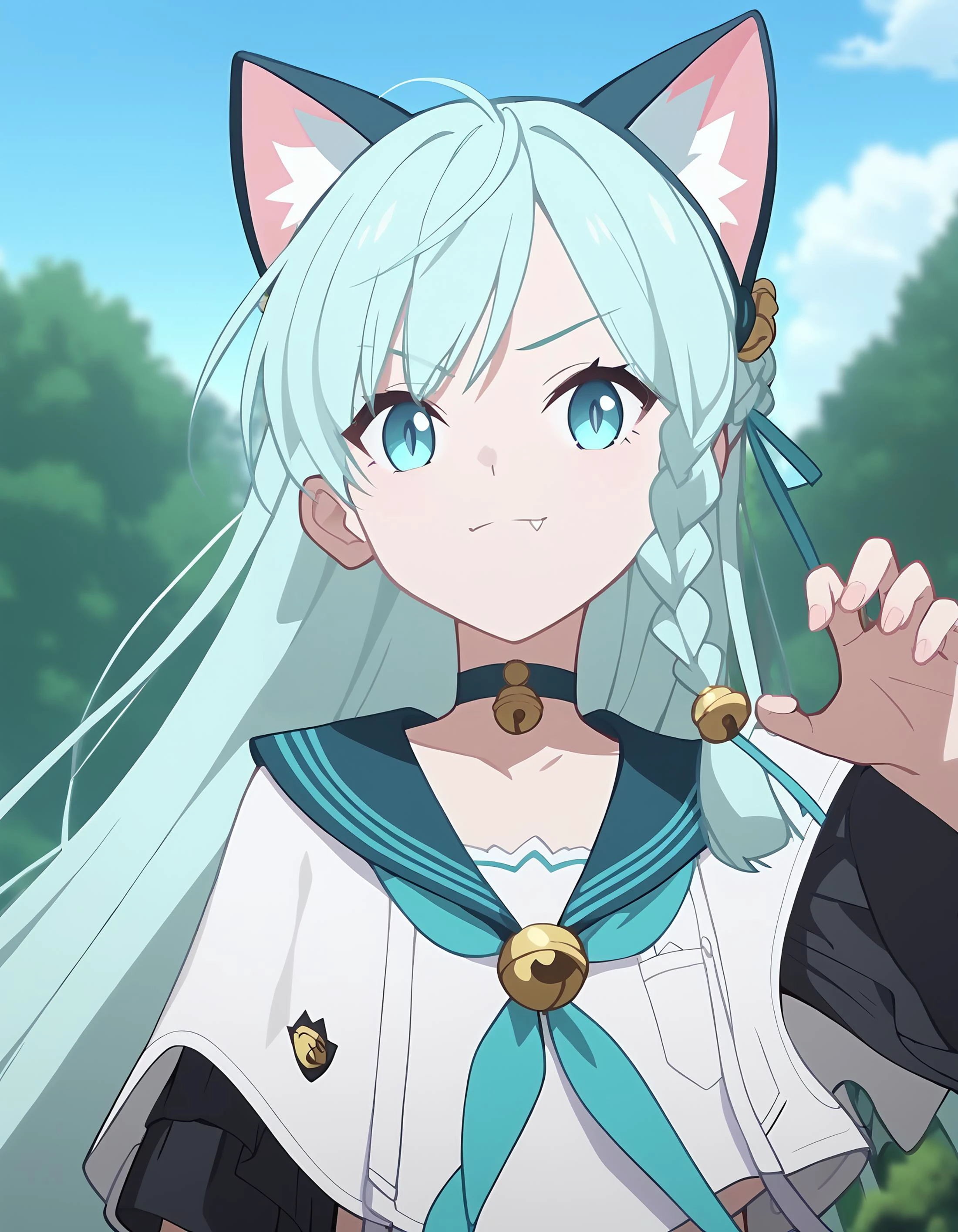 score_9,score_8_up,score_7_up,outdoors,simple_background,
<lora:yuebai_pony:0.7>,yuebai,1girl,solo,long hair,very long hair,braid,blue eyes,bangs,choker,hair ornament,
looking at viewer,depth of field,anime screencap,cinematic_angle,anime screencap,cat_costume,cat_pose,bell,fang,flat color,<lora:Anime_Screencap:0.9>,<lora:kohaku_delta_style_ba_forpony:0.9>,