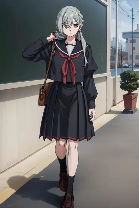masterpiece, best quality, highres, Sharp focus, dslr photo, HD, UHD, 8K, school, classroom, subaru hoshina, 1girl, solo, long hair, skirt, shirt, long sleeves, school uniform, ponytail, grey hair, pleated skirt, shoes, serafuku, puffy sleeves, sailor collar, black footwear, neckerchief, brown footwear, loafers, Walking with one hand brushing hair back <lora:HoshinaSubaruV2:0.85>