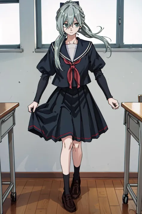 masterpiece, best quality, highres, Sharp focus, dslr photo, HD, UHD, 8K, school, classroom, subaru hoshina, 1girl, solo, long hair, skirt, shirt, long sleeves, school uniform, ponytail, grey hair, pleated skirt, shoes, serafuku, puffy sleeves, sailor collar, black footwear, neckerchief, brown footwear, loafers, Pretending to be a superhero in flight <lora:HoshinaSubaruV2:0.85>