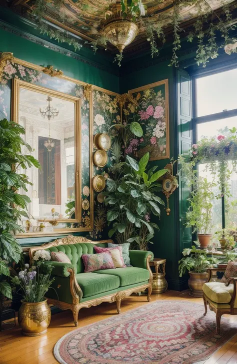 Architectural Digest photo of a maximalist green {vaporwave/steampunk/solarpunk} living room with lots of flowers and plants, golden light, hyperrealistic surrealism, award winning masterpiece with incredible details, epic stunning