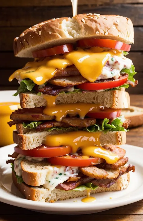 photo of a scrumptious BLT sandwich with extra bacon, (rustic diner background)+, seed bread, pepper jack cheese, (intricate details:1.12), hdr, (intricate details, hyperdetailed:1.15)