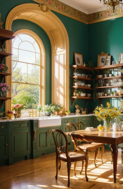 maximalist kitchen with lots of flowers and plants, golden light, award winning masterpiece with incredible details big windows, highly detailed, harper's bazaar art, fashion magazine, smooth, sharp focus, 8k, octane render