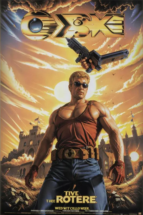 80s movie poster,Duke Nukem in a castle, <lora:80s Movie Poster Style v2:1>, <lora:dukenukem:0.7>