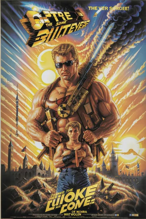 80s poster,Duke Nukem in a castle, <lora:80s Movieer Style v2:1>, <lora:dukenukem:0.7>
