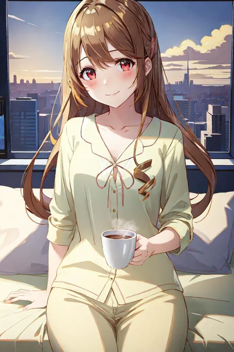 masterpiece, (best qulaity:1.3), 8K, wallpaper, depth of field, beautiful detailed eyes, (1girl asagi aiba, red eyes, long hair, straight hair, (scrunchie:-1.1), (ponytail:-1.1), (braid:-1.2), collarbone, closed mouth, smile ,blush, sitting, light smile, medium breasts, (cityscape, sky on bed, sheet, indoors), yellow, pajamas, (holding cup:1.3)) <lora:asagi_aiba:0.9>