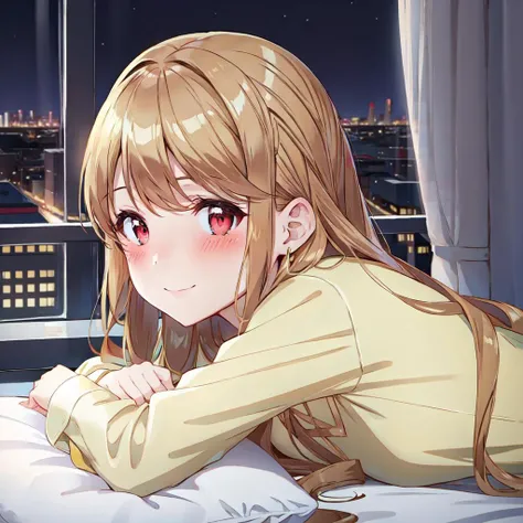 masterpiece, (best qulaity:1.3), 8K, wallpaper, depth of field, beautiful detailed eyes, (1girl asagi aiba, red eyes, long hair, straight hair, (scrunchie:-1.1), (ponytail:-1.1), (braid:-1.2), medium breasts, white_pillow, lying, window, (cityscape, night sky, indoors:1.2), (from side, on side:1.2), looking at viewer, smile, closed mouth, (blush:1.2), bed sheet, yellow, pajamas, curtains, on bed, indoors, (upper body, under blanket:1.3)) <lora:asagi_aiba:0.9>