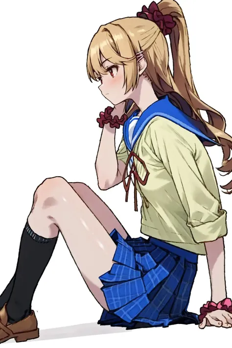 masterpiece, best quality, highres, 1girl asagi aiba ponytail hairclip hair scrunchie, blue skirt yellow shirt serafuku pink wrist scrunchie <lora:asagi_aiba:1> sitting, from side, black socks kneehighs