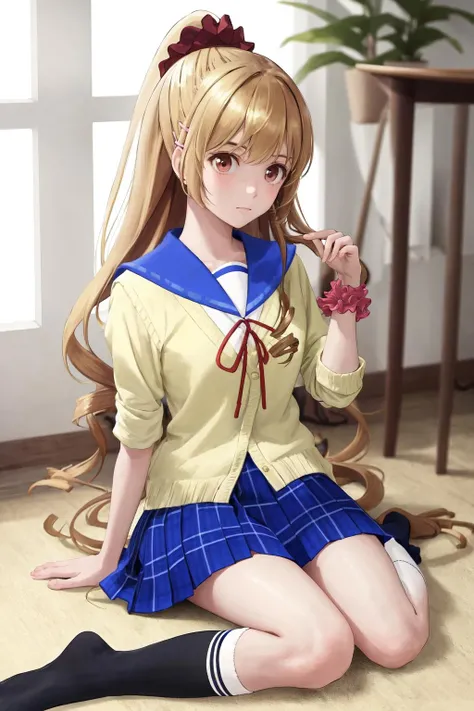 masterpiece, best quality, highres, 1girl asagi aiba ponytail hairclip hair scrunchie, blue skirt yellow shirt serafuku pink wrist scrunchie <lora:asagi_aiba:1> sitting, wariza, arm support, black socks kneehighs