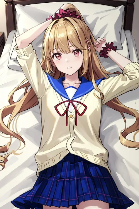 masterpiece, best quality, highres, 1girl asagi aiba ponytail hairclip hair scrunchie, blue skirt yellow shirt serafuku pink wrist scrunchie <lora:asagi_aiba:1> lying on back, bed sheet, arms up