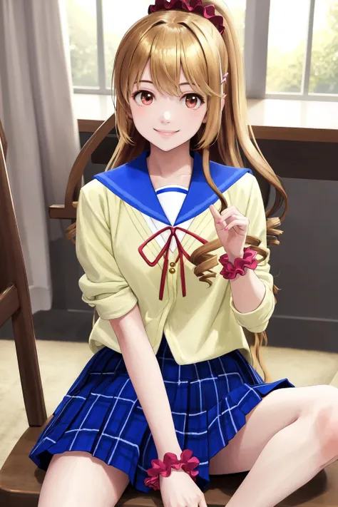 masterpiece, best quality, highres, 1girl asagi aiba ponytail hairclip hair scrunchie, blue skirt yellow shirt serafuku pink wrist scrunchie <lora:asagi_aiba:1> sitting, smile