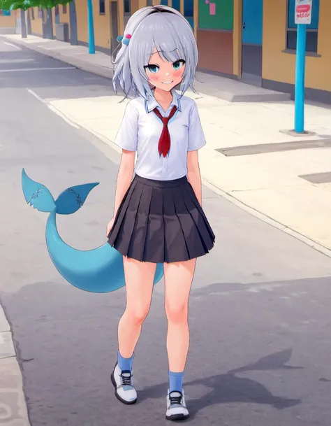 (<lora:Gawr_Gura__SDXL:.8> gawr gura, teeth, solo, tail, shark girl, sharp teeth, shark tail, shark girl), hybrid with (<lora:Sana_Sakakibara:.8>, green eyes) looking at viewer, smile, blush, walking on a city street during the day, skirt, school uniform, hair ornament, blue skirt, blush, , bandaid, long hair, pleated skirt, shirt