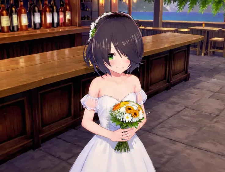 <lora:Sana_Sakakibara:.8> 1girl, solo, wedding dress, blush, closed mouth, collarbone, hair ornament, hairclip, bar, looking at viewer, standing, smile, outdoors, holding a bouquet